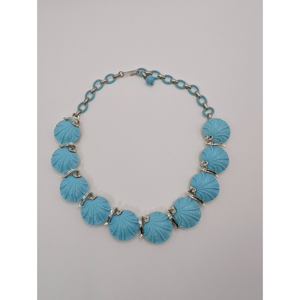 Vintage Lisner Necklace Aqua Blue Thermoset Shell Silver Tone 16" Choker Signed
